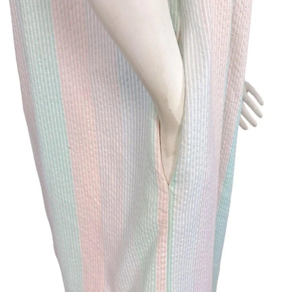 VINTAGE Komar Pastel Pink Green Purple Striped Cotton Midi Mumu Housedress - Picture 5 of 8